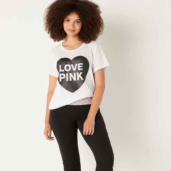 VS PINK White Pink Originals Black Glitter Shine Heart Logo Everyday Tee XL NEW - Picture 6 of 9